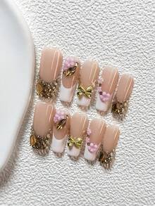 10pcs Luxury Manicure Set, Including Gel Nail Polish, Floral Decor, Golden Bow, Arrow & Teardrop Rhinestones, White Nail Polish, Embossed Champagne Gold Style, With Nail Tools (1 Jelly Sticker + 1 Nail File). Available In 3 Sizes Suitable For Almond, Duck Mouth, Coffin Nails. Suitable For Parties, Daily Wear, Photoshoot, Commute In Spring & Summer - Multicolor - View 4