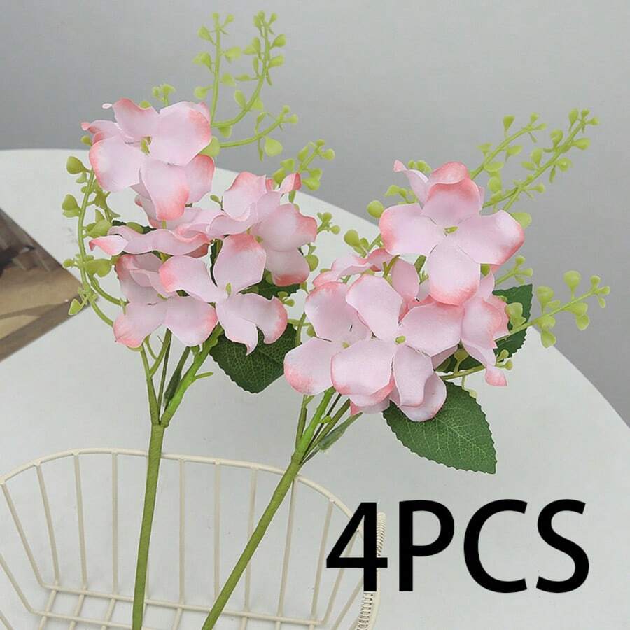 4支带茎叶的人造樱花花束，粉色仿真花，适用于花瓶、家居装饰、派对花艺布置、婚礼花束、餐桌摆饰 - 粉色 - 查看 1