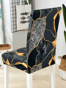 1/4/6pcs Milk Silk High Backrest Chair Covers, Black & Gold Geometric Print, Minimalist Textured High Elasticity Dust-Proof, Suitable For Living Room, Dining Room, Bedroom, Study, All Seasons - Multicolor - View 4