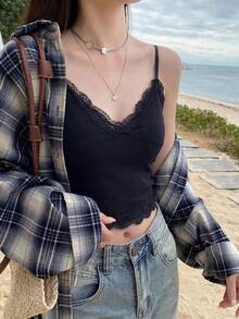 Sweet & Spicy Lace Patchwork Elastic Camisole, V-Neck Skin-Friendly Adjustable Strap Fitted Top, Spring/Summer - Black - View 3