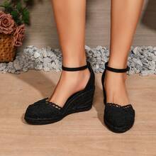 Breathable Slip-On Wedge Sandals With Buckle Closure, Fashionable Casual Rope Platform Shoes For Women - All Black - View 7