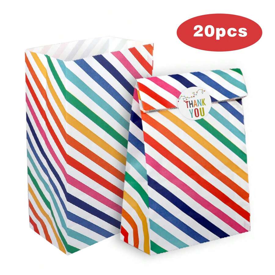 20个彩虹条纹纸质糖果袋，牛皮纸礼品袋带贴纸，适合婴儿派对、婚礼、情人节等场合。 - 彩色 - 查看 1