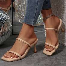 Sandalias de tacón de gatito con dos correas para mujer, de punta cuadrada abierta, zapatos de tacón bajo tipo slide - Albaricoque - Ver 1