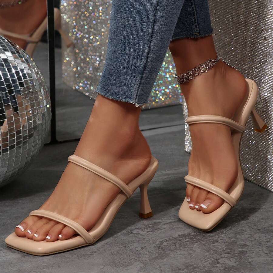 Sandalias de tacón de gatito con dos correas para mujer, de punta cuadrada abierta, zapatos de tacón bajo tipo slide - Albaricoque - Ver 1