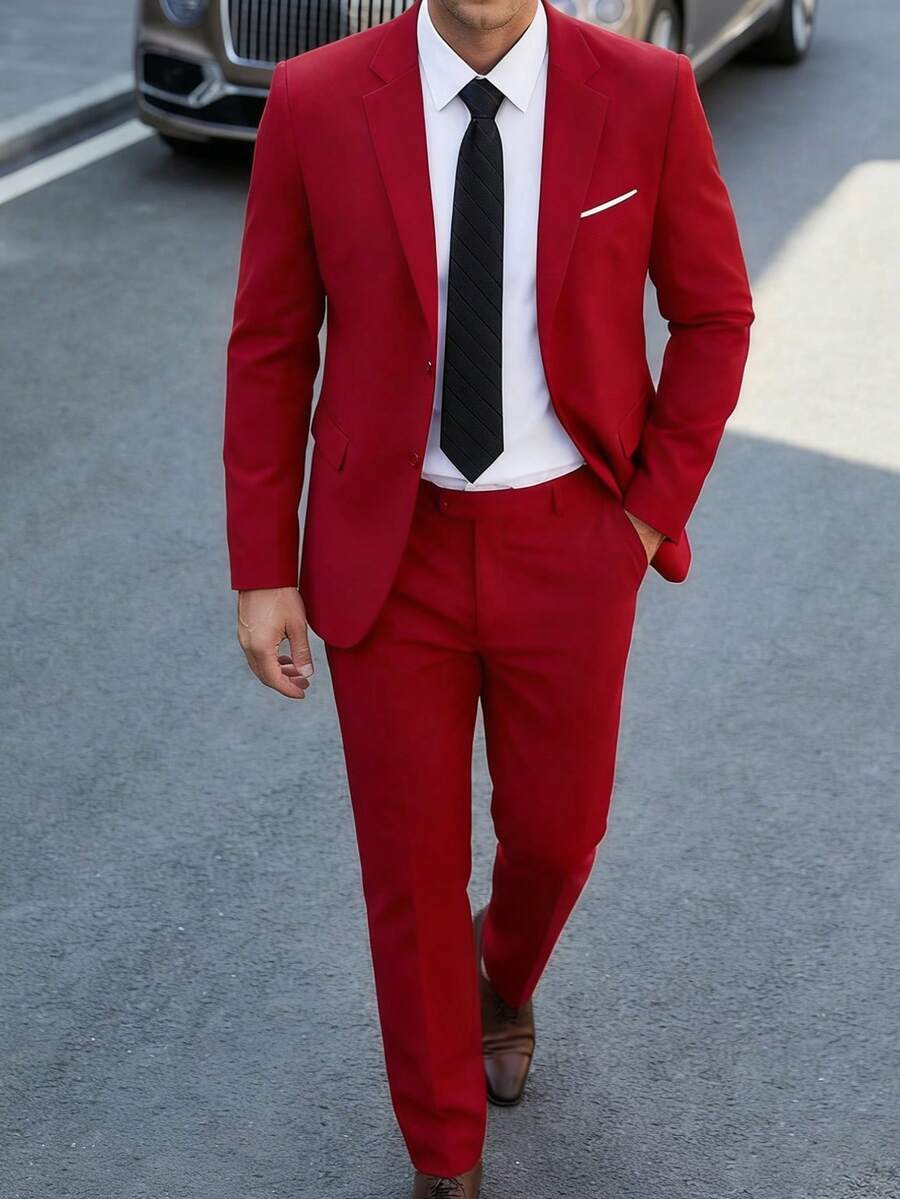 WindsorQuad Furuyal 男士两件套西装外套，纯色西装外套领带套装，长袖，双排扣/单排扣修身款，适合旅行、婚礼、派对、商务、舞会等场合，浅酒红色，尺码 XS-3XL - 紅色 - 查看 1