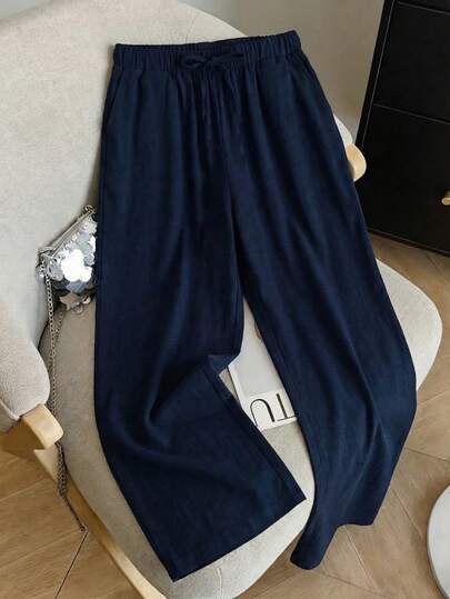 女士时尚长款阔腿裤，涤纶面料，抽绳设计，无弹力，舒适透气，春季款