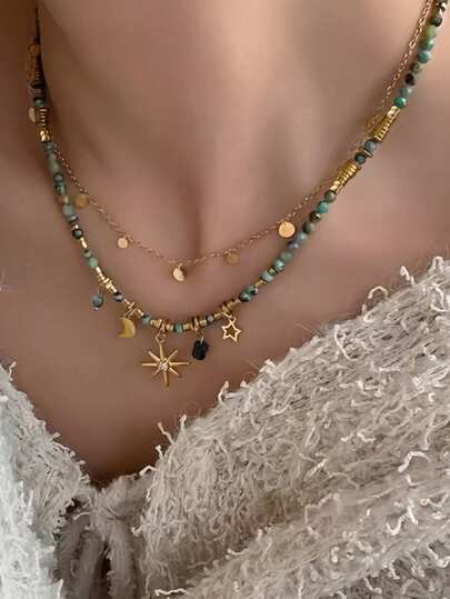 2pcs Vintage Bohemian Sun Starburst Green Beaded Sweater Chain Necklace, Suitable For Women's Daily Wear And Gift