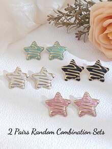 2 Pairs Random Combination Women Earrings, Casual Star Stud Earrings, Versatile Pink, White, Pink, Green Earring Set, Summer Beach Vacation Swimwear Accessories, Beach Resort, Attractive Outfit Accessories - Suitable For Swimming, Bathing, Exercising - Multicolor - View 10