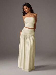 2pcs Set Women Romantic Pink Mesh Bandeau Top And High Waist Pleated Mesh Maxi Skirt, Vacation Outfit Spring/Summer - Màu vàng - Xem 1