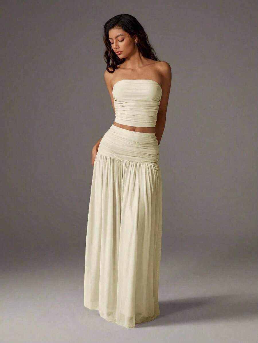 2pcs Set Women Romantic Pink Mesh Bandeau Top And High Waist Pleated Mesh Maxi Skirt, Vacation Outfit Spring/Summer - Màu vàng - Xem 1