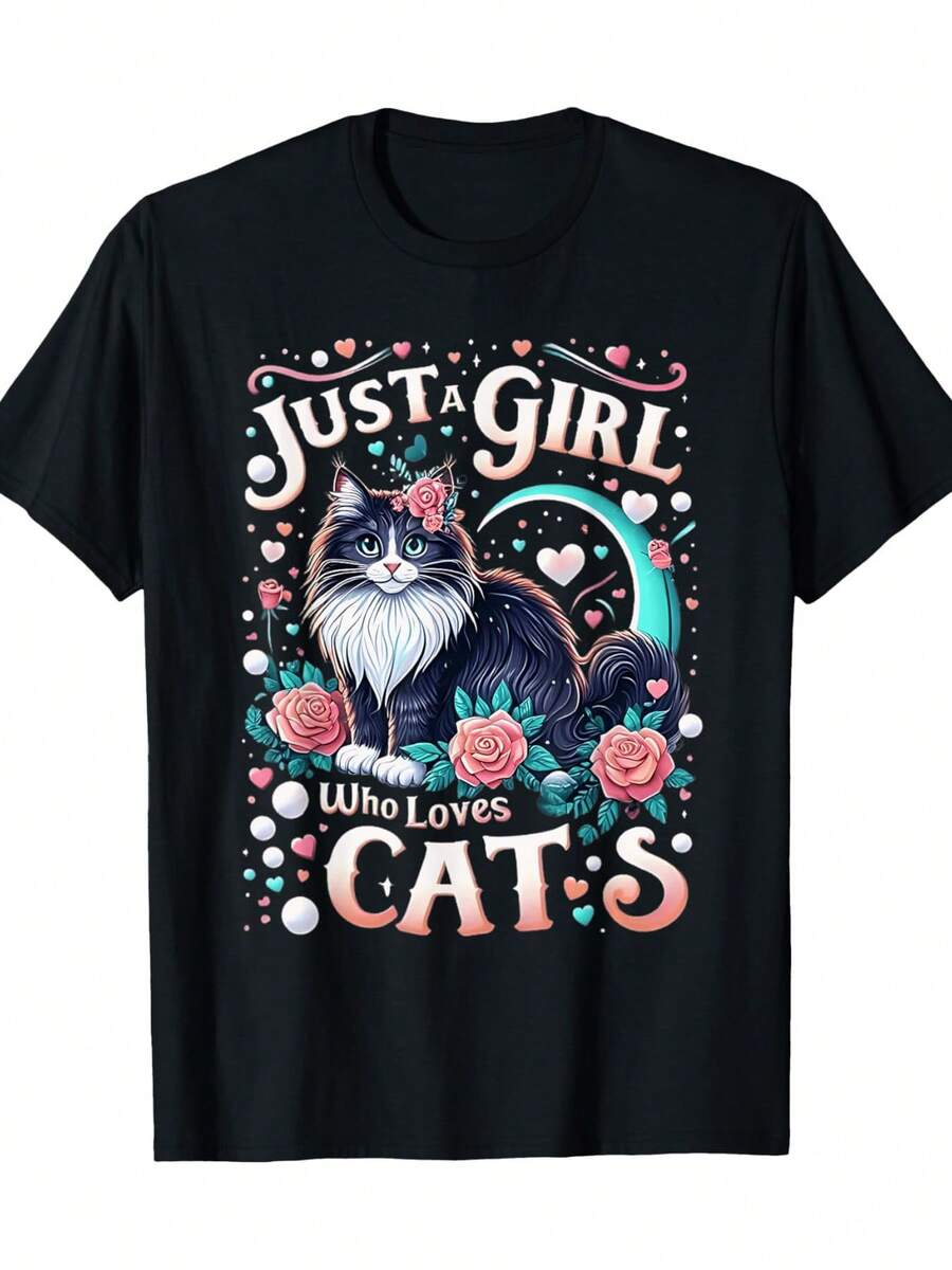 Encantadora Camiseta de Mujer 'Solo Una Chica Que Ama a los Gatos' - 100% Algodón, Manga Corta, Cuello Redondo con Diseño de Gatos y Rosas Coloridos - Casual, para Uso en Todas las Temporadas - Negro - Ver 1