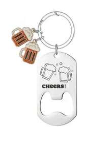 1pc Stainless Steel Engraved Metal Keychain Bottle Opener, Wine Glass & Bottle Design, Birthday, Christmas, Father's Day Gift - Multicolor - View 3