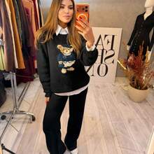 KNITTED BEAR BLOUSE Knit Fabric Plain Contrast Collar Home Night Office Vacation Daily Formal And Evening - Black - View 3