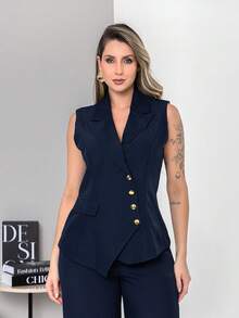 New Tailored Set Consisting Of Vest And Wide-Leg Trousers C6608 - Màu xanh hải quân - Xem 5