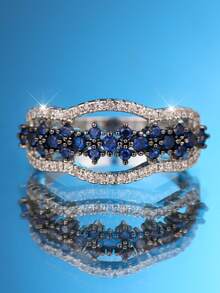 1pc Elegant Blue Cubic Zirconia Inlaid White K-Plated Symmetric Design Ring - Luxury Mother's Day Holiday Gift, Suitable For Party Wear, Daily Wear And Gift Giving, All Seasons - Blue - View 1