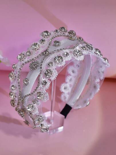 1件闪亮银色水钻宽发箍，优雅蕾丝边简约头饰，适合新娘、婚礼、庆典、派对、送礼、休闲佩戴