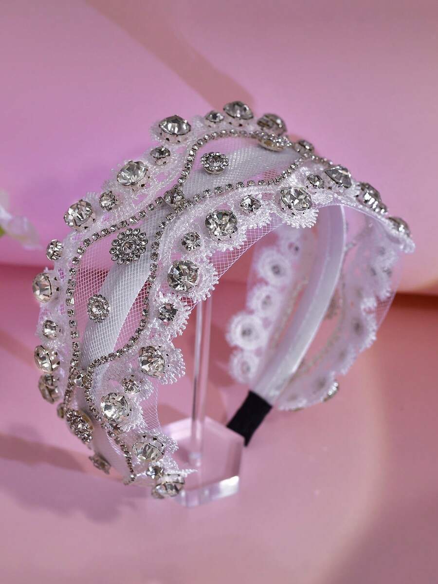 1件闪亮银色水钻宽发箍，优雅蕾丝边简约头饰，适合新娘、婚礼、庆典、派对、送礼、休闲佩戴