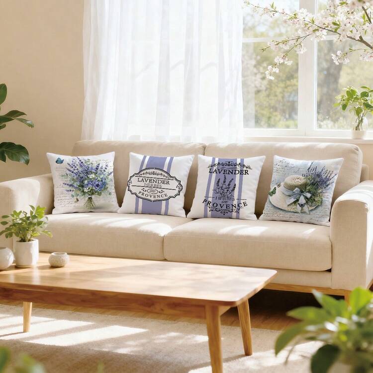 4件套夏季法式复古薰衣草插画印花枕套（不含枕芯），尺寸分别为17.7*17.7英寸（45*45厘米）/19.69*19.69英寸（50*50厘米）/15.75*15.75英寸（40*40厘米），单面印花，涤纶材质，“薰衣草香草普罗旺斯”标语，复古明信片和遮阳帽图案装饰枕套，适用于沙发、客厅、卧室、汽车、办公室、酒店、民宿等场所，是馈赠亲朋好友的完美礼物。 - 彩色 - 查看 8