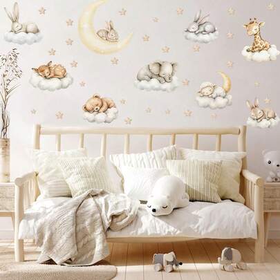 Cute Animal Sleep Wall Stickers, Watercolor Dreamy Cloud Star Moon Animal Wall Decals, Suitable For Bedroom, Living Room, Dining Room, Home Decor