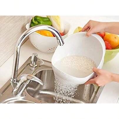 Rice Washer And Strainer Colander Basket – Durable, Plastic Kitchen Sieve Beans Peas Cleaning, Multi-Use Drainer Gadget, Accessories Efficient Washing, Rugged And Easy-To-Use, White