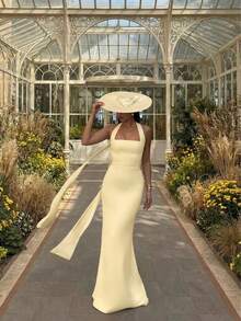 Đầm Maxi Chiffon Cổ Yếm Phong Cách Pháp Thanh Lịch Màu Trơn Glamful, Phù Hợp Cho Đi Nghỉ, Hẹn Hò, Đám Cưới, Tiệc Cưới - Màu vàng - Xem 2