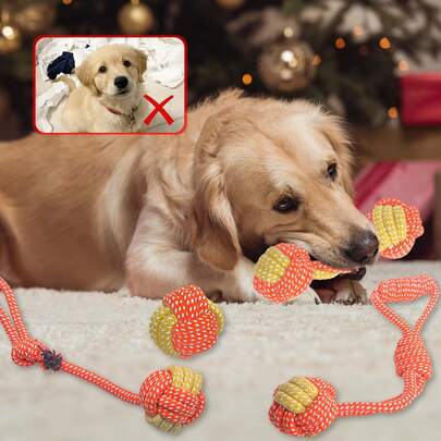 这款狗狗玩具套装包含7件玩具，适合小型至中型犬，配有结实耐用的双色编织绳，可用于拔河游戏，也可用于刷牙——耐用的宠物用品，狗狗和猫咪皆宜的玩具，绳子为蓝绿色。