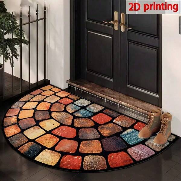 A Colorful Stone-Patterned Half- Door Mat - A Non-Slip Polyester Fiber Entrance Carpet With A Granule Backing, Vintage Home Decor, Hand Wash Only - Suitable For Bedrooms And Living Rooms, Enhancing The Ambiance