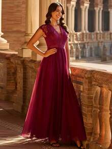 Women's Elegant Solid Color Lace & Mesh Patchwork Formal Prom Dresses, Party Gowns For Wedding Guest, Bridesmaid, Graduation, Cocktail, Formal Evening Spring - Red Violet - View 9