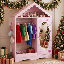 Kids Dress Up Storage W/ Mirror Roofed Wardrobe Closet W/ Open Hanging Rack - 粉色 - 查看 5