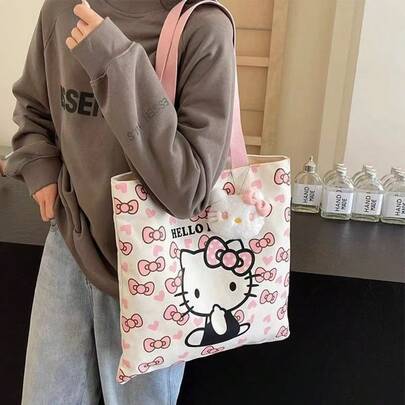 SANRIO 1 pieza Bolso de lona de gran capacidad - Bolso de hombro con cremallera resistente, adecuado para mujeres | Ideal para compras y uso diario, bolso de lona, bolso de mano multiusos para mujeres, con cremallera, correa ajustable, compartimentos, adecuado para trabajo, artículo de viaje esencial