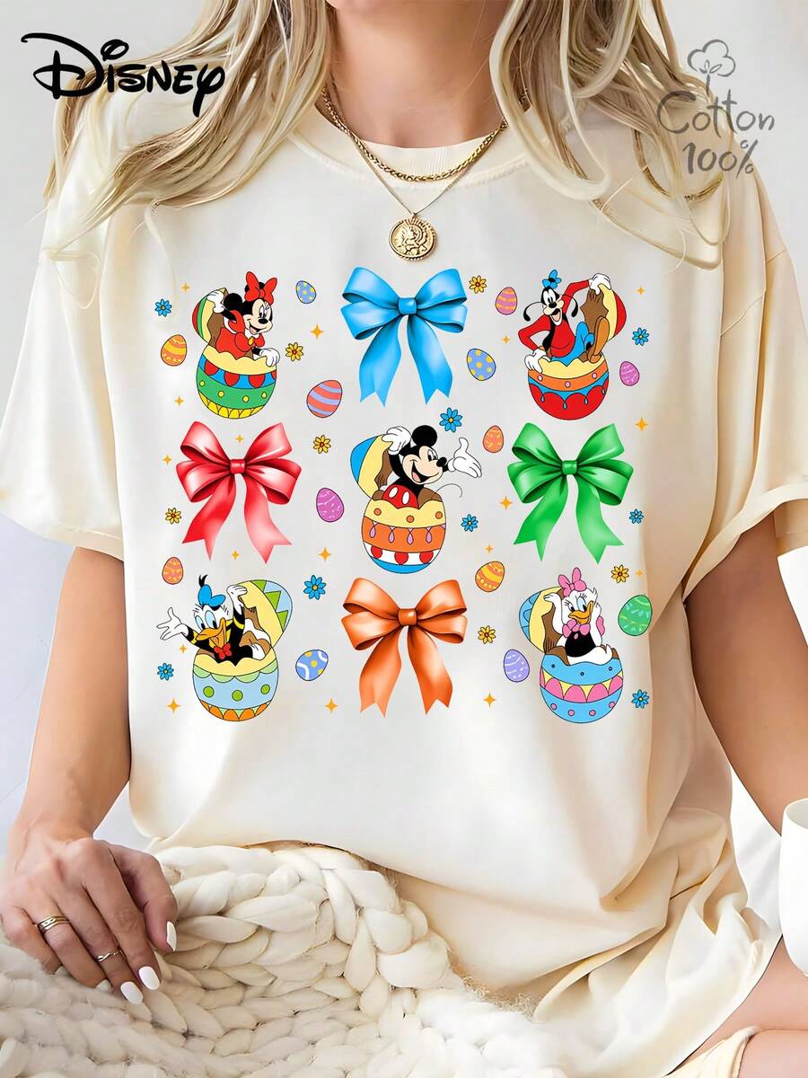 Disneyland Happy Easter Cartoon Characters Egg & Bow Graphic Print Short Sleeve T-Shirt For Women Graphic Print Short Sleeve T-Shirt For Women Graphic Tee Casual Short Sleeve Top Cute Casual Short Sleeve T-Shirt,Selected 100% High-Quality Cotton Fabric, Soft And Skin-Friendly, Breathable And Sweat-Absorbent. It Offers No Constraining Feeling During Daily Wear And Is Suitable For Spring And Summer Seasons As Well As For Long Trips. For Womencoords Sets For Women,Conjuntos De Mujer Elegantes - Apricot - View 1