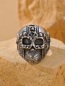 1pc Dark Punk Style Stainless Steel Distressed Carved Skull Ring, Men's Streetwear And Rock Party Accessory Gift For Boyfriend - Ring - View 2