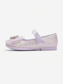 New Summer Girls' Princess Glitter Mary Jane Flats With Sparkly Rhinestone Bow Embellishment - Purple Blue - View 2