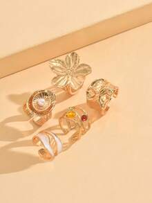 5pcs/Set Retro Metal Flower Colorful Rhinestone Design Rings, Faux Pearl Enamel Inlaid Rings, Suitable For Women's Daily Outfit, Decoration, Dating, Gathering, Party Wear - Multicolor - View 3