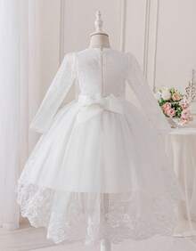 Flower Girl Dress Princess Style Girls White Long Sleeve Lace Pearl Beaded High Low Tulle Gown With Bow Back For Wedding First Communion Birthday Party Pageant Bridesmaid Formal Occasion - trắng - Xem 4