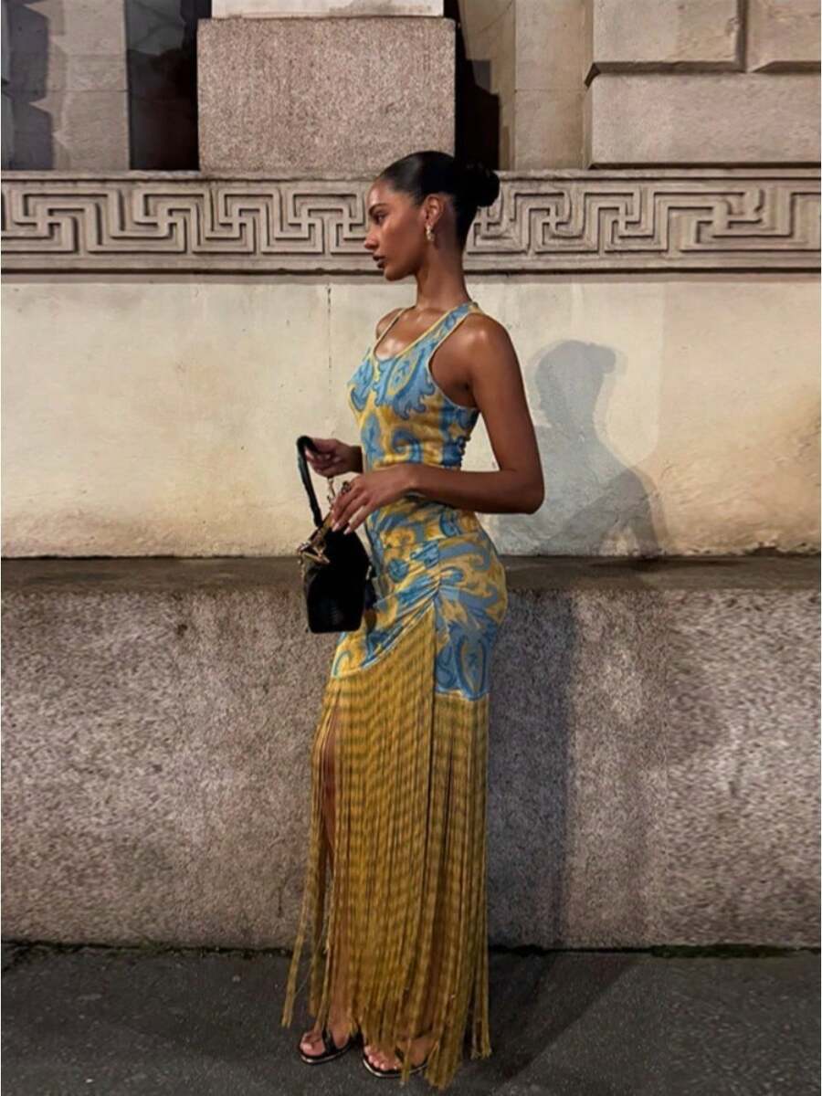 Tassel Printed Dress 2026 Spring And Summer New Vacation Style Suspender Dress - Váy in họa tiết tua rua - Xem 1