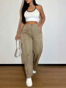 Solid-Color Multi-Pocket Buttoned Casual Y2K Leisure Elegant And Cute Work Pants.Suitable For Back-To-School, Clubs, Birthday Parties, Halloween, New Year, Thanksgiving, Concerts, Gyms, Beaches, Vacations, Business, Daily Airport Wear, Street Style, Teacher's Day, Spring, Summer, Autumn And Winter. - 深卡其色 - 查看 9