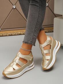 Women's Wedge Heel Thick Sole Sneakers Summer New Style Women's Casual Flat Shoes Breathable Women's Shoes (Size Runs Small 1 Size) - Gold - View 5
