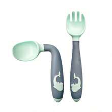 Set de 2 cucharas y tenedores para niños, adecuado para alimentación y entrenamiento - Cuchara y tenedor flexibles 360° con caja de almacenamiento - Verde - Ver 1
