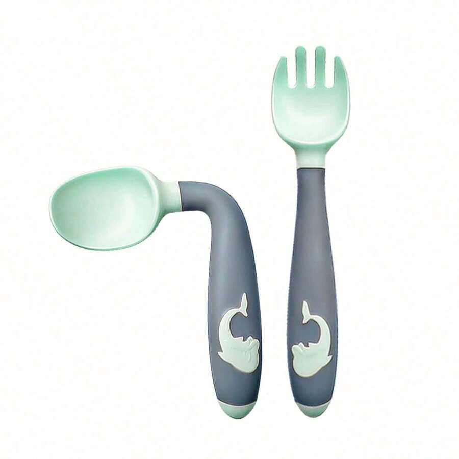 Set de 2 cucharas y tenedores para niños, adecuado para alimentación y entrenamiento - Cuchara y tenedor flexibles 360° con caja de almacenamiento - Verde - Ver 1