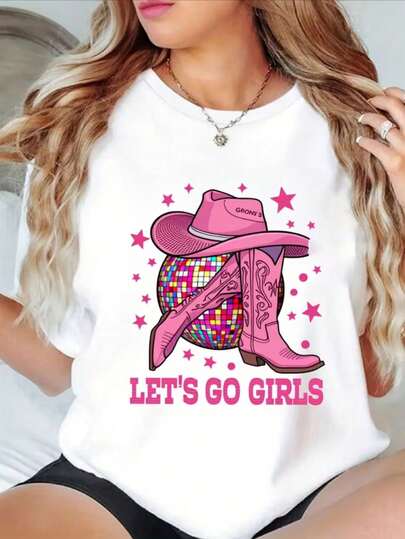 100% Cotton Womens Casual Short Sleeve Round Neck T Shirt With Pink Cowboy Boot Sequin Star Print | Lets Go Graphic Tee For Daily Wear Vacation Party, Perfect Gift, Breathable Top, Casual & Comfortable
