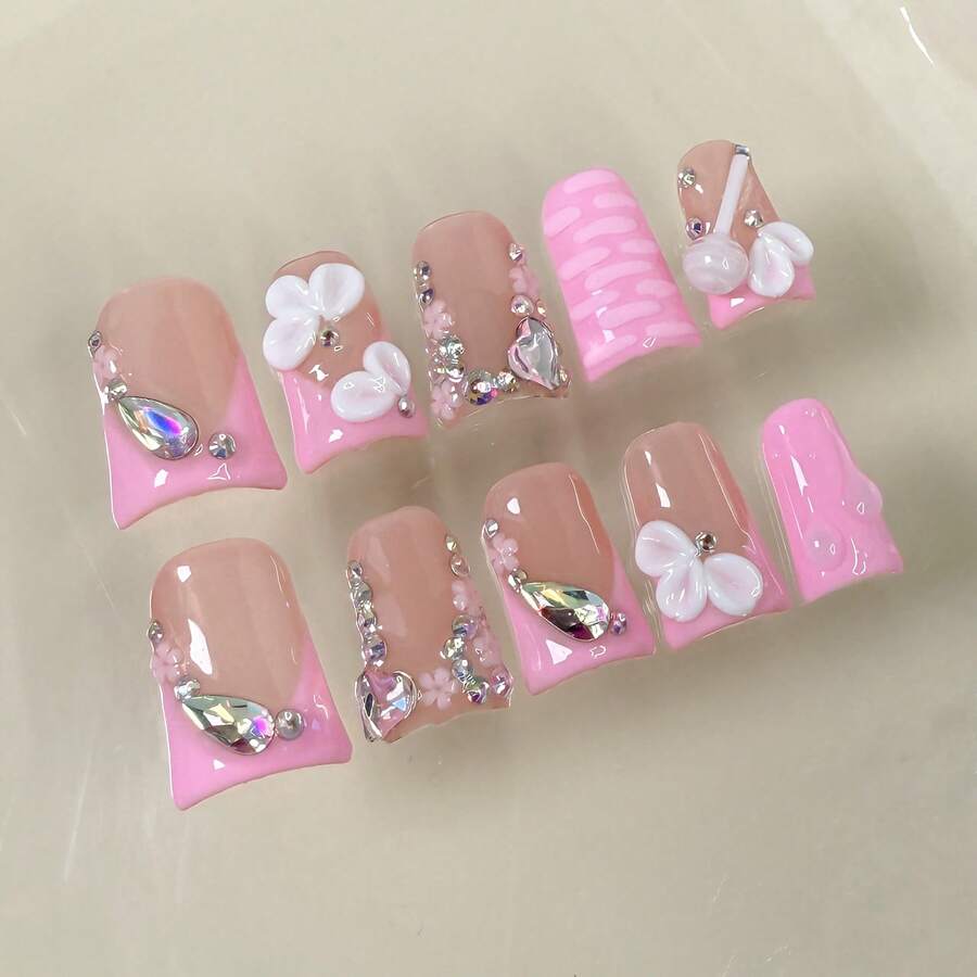 NAILART Send Randomly 10pcs Pink Duckbill Handmade Press On Nails Art Simple White French Short Fake Nail Wearable Rhinestones Design False Nails Tips - 612-L - 查看 1