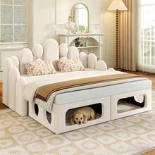 Canapé-lit rembourré avec couchage pour animaux, lit rembourré multifonctionnel 2 en 1 180*200cm, lit rembourré en velours doux, sommier à lattes et dossier - Beige - Voir 3