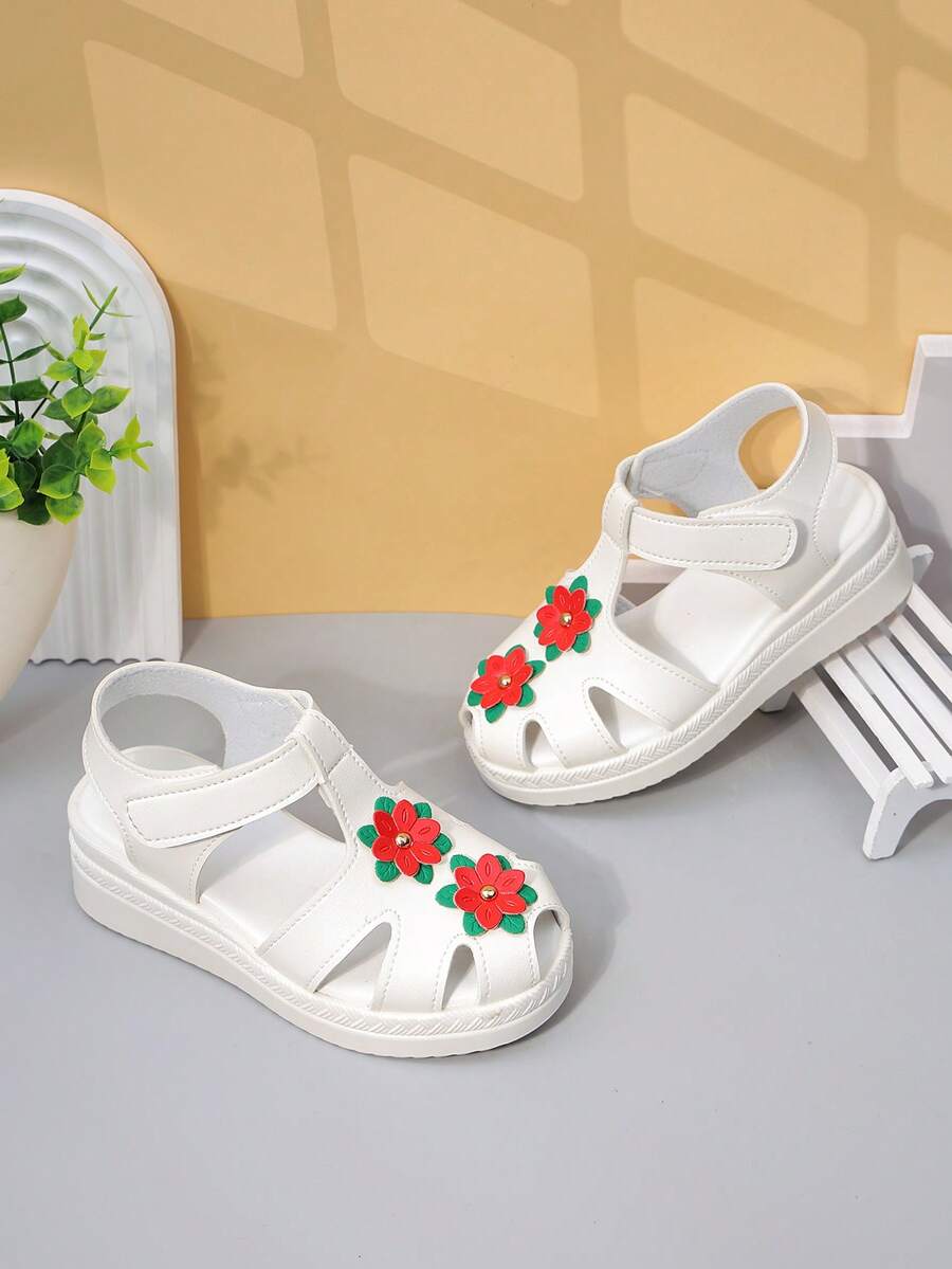Giày sandal cho bé gái, giày cao gót đế dày họa tiết hoa mùa xuân/hè mới, giày công chúa retro màu trắng đi biển, sandal kín mũi dành cho học sinh biểu diễn. - trắng - Xem 1