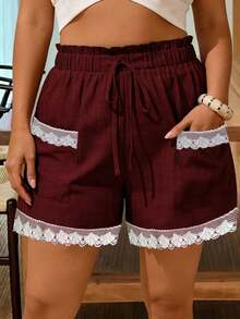 撞色图案纸袋腰休闲沙滩短裤 - 暗紅色 - 查看 2