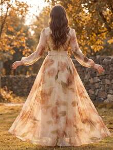 女士交叉V领随机印花连衣裙，配缎面腰带、灯笼袖，优雅长裙，面料柔软，适合度假、旅行和日常穿着，春季款 - 彩色 - 查看 3