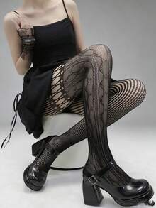 1双 - 春夏镂空蕾丝蝴蝶结渔网袜，性感Y2K风格吊带连裤袜，复古日式抽绳网袜 - 彩色 - 查看 12