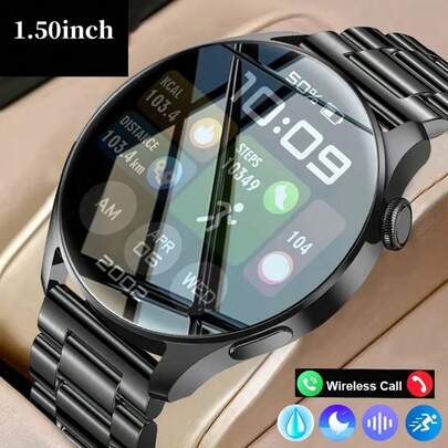 最新时尚科技设计商务运动超大1.5英寸屏幕，多种颜色和材质表带可选，全触控屏户外运动智能手表，男女通用，支持无线通话、来电提醒/拒接、消息通知、计步器、无线音乐播放、多种运动模式，适合作为生日、节日、毕业、万圣节礼物送给情侣、长辈、朋友、同学。