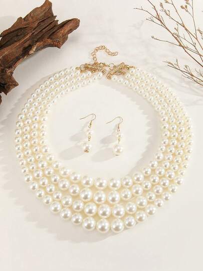 1 Set Handmade Exaggerated Multi-Layer Faux Pearl Beaded Necklace, Bohemian Style Beach Resort Party Middle Eastern Evening Banquet South Asian Fashion Elegant Women Jewelry Necklace & Earrings