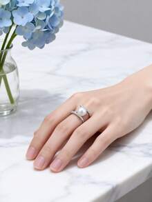 Nhẫn mạ bạc đính ngọc trai giả tinh tế, thiết kế độc đáo, tối giản, sang trọng, món đồ không thể thiếu để tôn lên vẻ đẹp thanh lịch. - Bạc - Xem 3